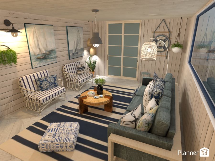 living room in white with blue and nautical accents