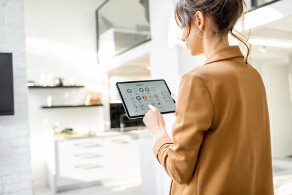 mulher configurando eletrodomésticos em sua casa inteligente