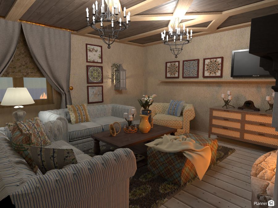 rustic living room with patterns and comfy couches