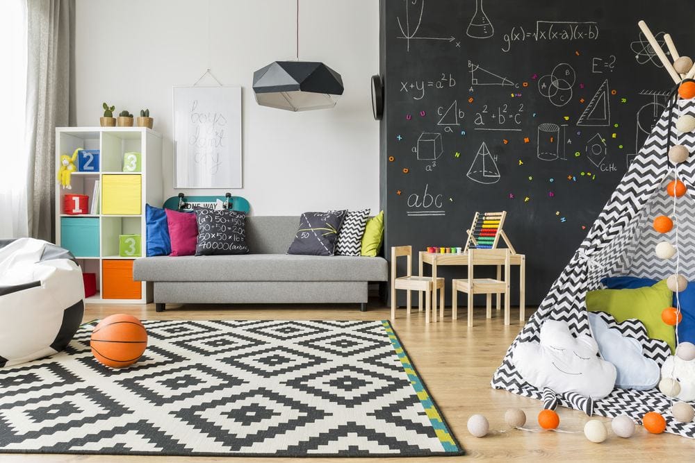 kids study area with one wall used as a black board