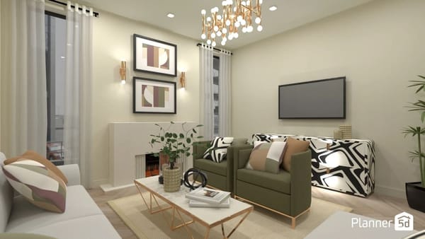 render 3D de sala de estar criado no Planner 5D