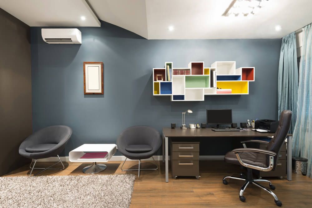 Studay room with a dark blue wall