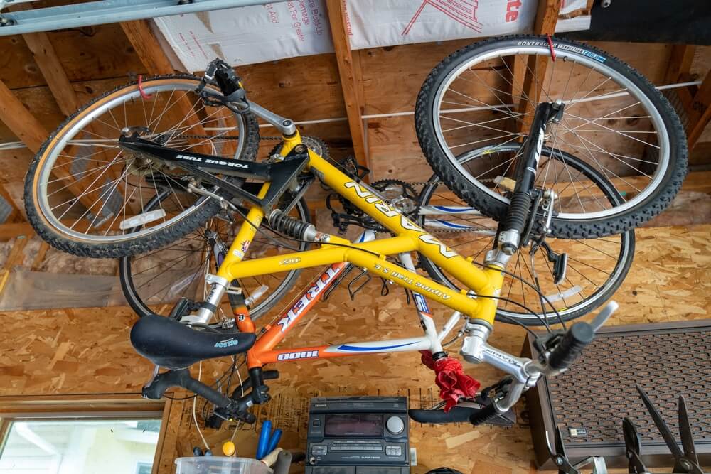 Bikes haning suspended from the celing