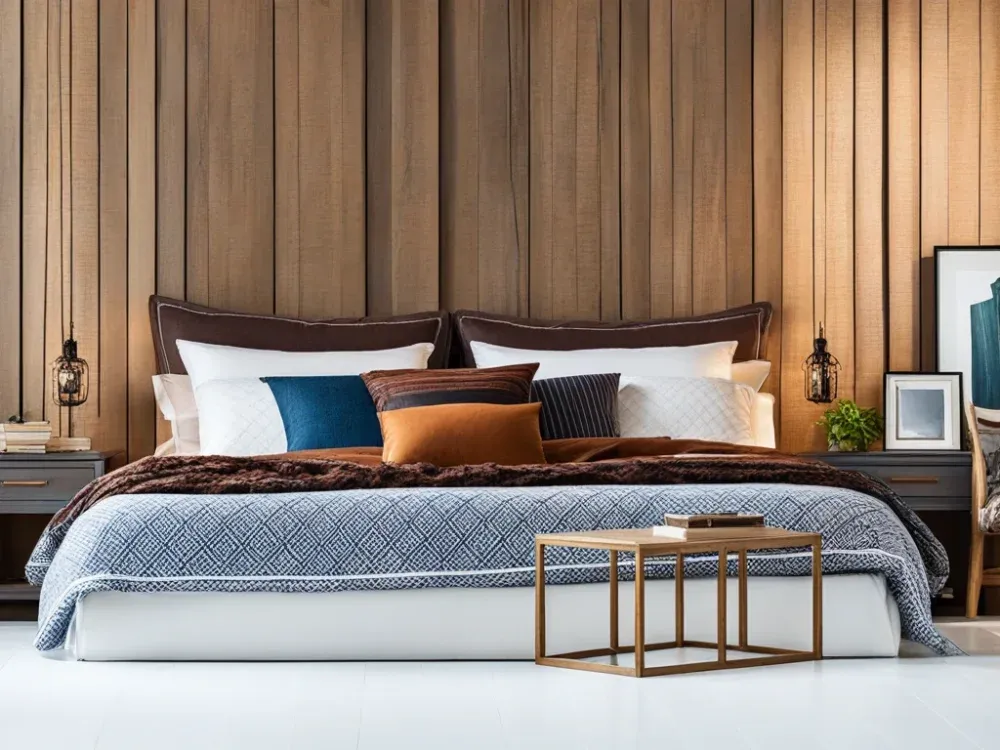 bed with multiple pillows and blankets