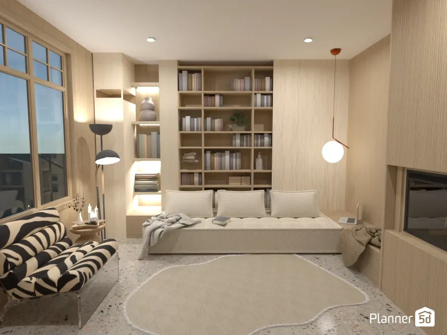 cozy beige living space with a bookshelf