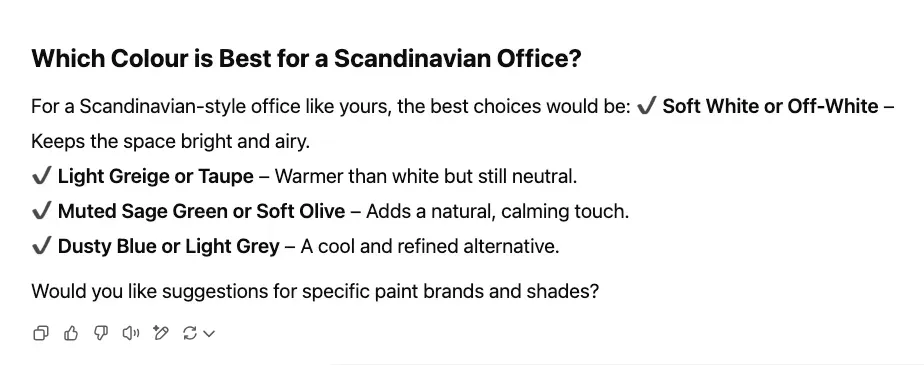 ChatGPT suggestions for best colors for Scandinavian style office