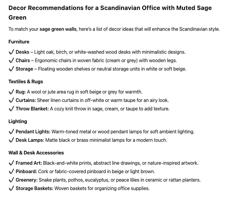 Decor suggestions for Scandi office design by ChatGPT