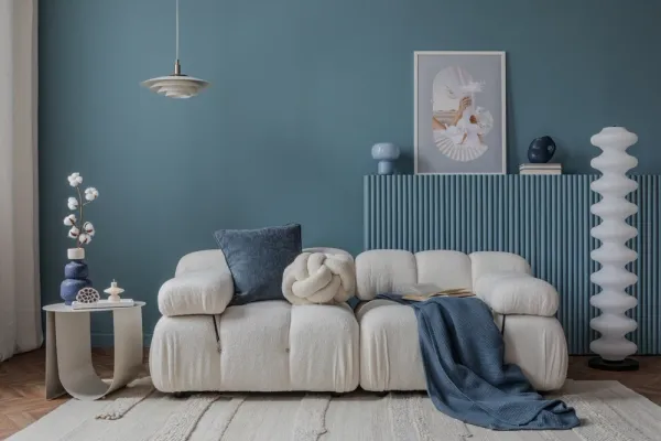 living room with blue and white decor 