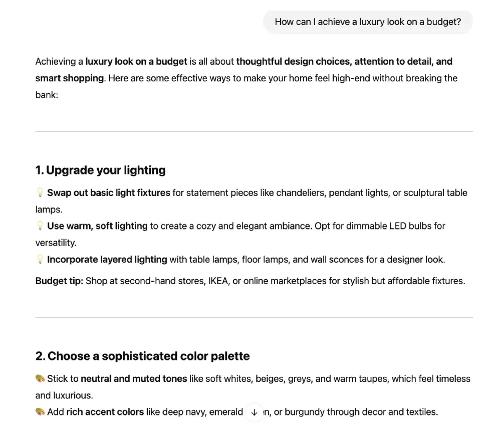 ChatGPT suggestions for creating luxury on a budget