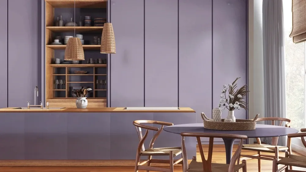Japandi style kitchen with light purple cabinetry