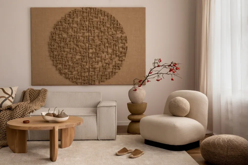 living room with wood coffee table and accents